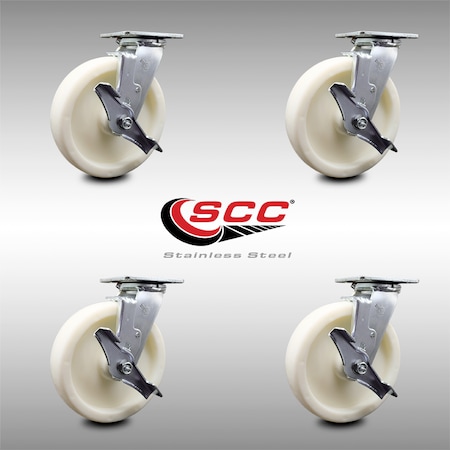 Service Caster 8 Inch Stainless Steel Nylon Swivel Caster Set with Ball Bearings and Brakes SCC SCC-SS30S820-NYB-TLB-4